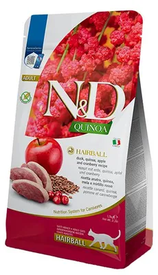Zdjęcie produktu dla Farmina N&D Quinoa Hairball 1,5kg Sucha Karma Z Kaczką Dla Dorosłych Kotów Eliminacja Kul Włosowych