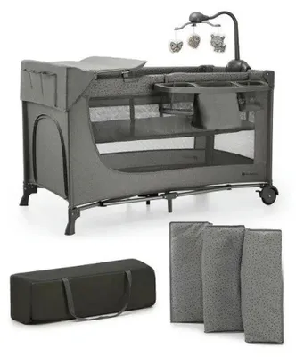 Immagine prodotto di Kinderkraft JOY 2 lettino 3 in 1 con accessori - Pieghevole - Lettino per bambini e da viaggio - 2 livelli - Include mobile, fasciatoio e organizer - Grigio