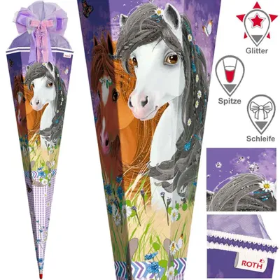 Produktbild von Roth Schultüte 85 cm Mädchen Exklusiv Set, Motiv / Ausführung:Blumen Pferde Schleife Glitzer Spitze