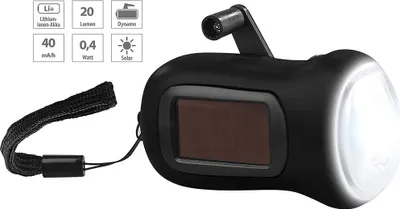 Produktbild von Solar Taschenlampe: Dynamo-Taschenlampe mit Solarpanel, 3 LEDs, 0,4 Watt, 20 Lumen, Akku (Hochwertige Dynamo Taschenlampe)