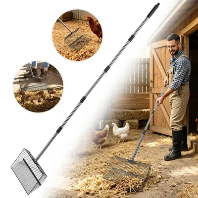 Productafbeelding van Peviasot Schep voor kippenpoep, accessoire voor kippenstallen, 4-in-1 zeefschep, verstelbare schep voor kippenpoep, 91-190 cm, metalen reinigingsgereedschap voor kippenstallen, poepschep voor kippen