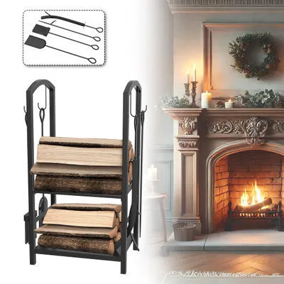 A fireplace with a wreath and decorations, with a firewood rack in the foreground.