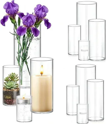 Produktbild von Set aus 8 zylindrischen Vasen aus Borosilikatglas, transparente Glasvasen für Blumen und Kerzen, modernes Design