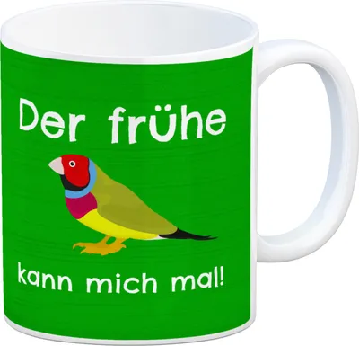 Produktbild von Kaffeebecher mit Bild und Spruch Der frühe Vogel kann mich mal!