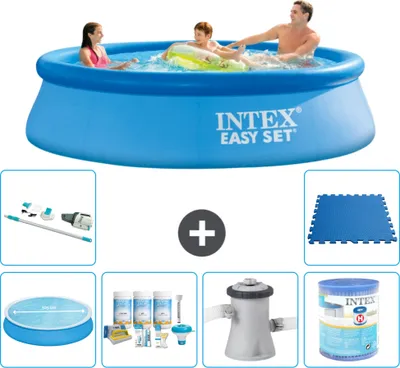 Produktbild von Intex runder aufblasbarer Easy Set-Pool – 305 x 76 cm – Blau – im Lieferumfang enthalten Sonnensegel - Wartungspaket - Filterpumpe für Schwimmbad - Filter - Staubsauger - Bodenfliesen