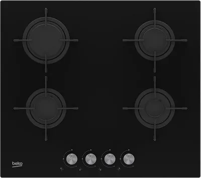 A top-down view of a black gas stovetop with four burners and four control knobs.