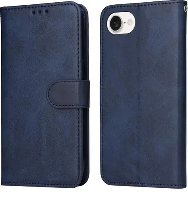 A blue flip wallet case for a smartphone, shown from the front and back.