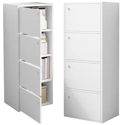 Two white storage cabinets are shown side-by-side against a white background. The cabinet on the left has its doors open, revealing shelves with books and boxes. The cabinet on the right has all its doors closed.