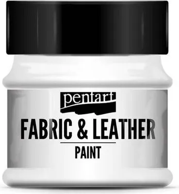 A product shot of a jar of white fabric and leather paint.