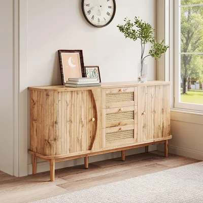Produktbild von okwish Sideboard in Holzoptik mit Schiebetüren, Aufbewahrungsschrank mit verstellbaren Einlegeböden und abgerundeter Platte,Kommode mit Rattan