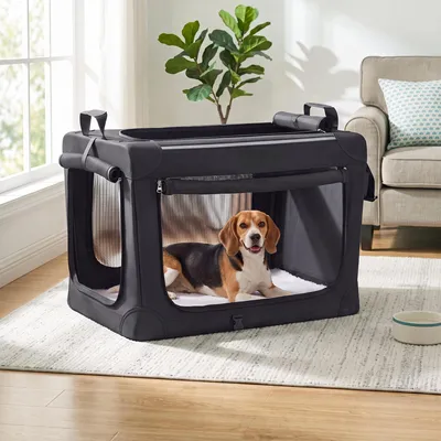 Produktbild von FEANDREA Faltbare Hundetransportbox mit Stahlrahmen und 4 Netztüren, 70 x 52 x 52 cm, Schwarz und Grau