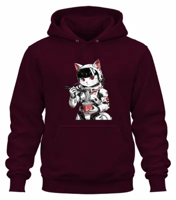Zdjęcie produktu dla Bluza z kapturem "Astronauta, Kot, Ramen, Makaron, Kosmos, Y2K, Japonia, Kawaii", kolor burgundowy, rozmiar L