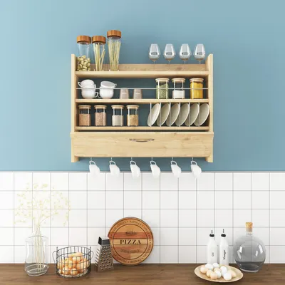 A wooden kitchen shelf filled with various kitchen items, mounted on a blue wall above a tiled backsplash.