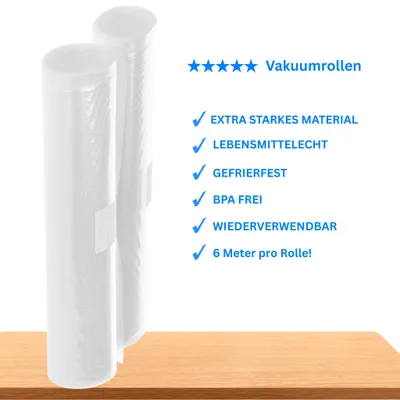 Two rolls of vacuum seal bags are shown standing upright on a wooden surface, with a list of product features to the right.