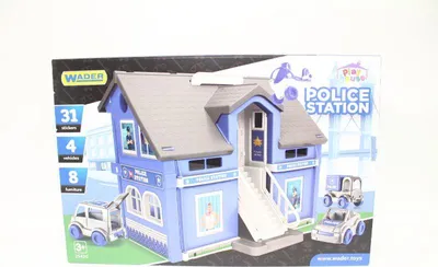 Produktbild von WADER - Spielhaus - Polizeistation aus Kunststoff + 3 Stück Autos + 1 Stück Hubschrauber im Karton 59x39x15cm