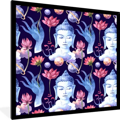 Produktbild von MuchoWow® MuchoWow® Gerahmtes Poster Buddha - Blumen - Muster 40x40 cm - Poster mit zchwarzem Bilderrahmen - Mit Rahmen - Wanddekoration Schlafzimmer