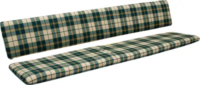 A two-piece bank cushion set with a green and beige plaid pattern, shown against a white background.