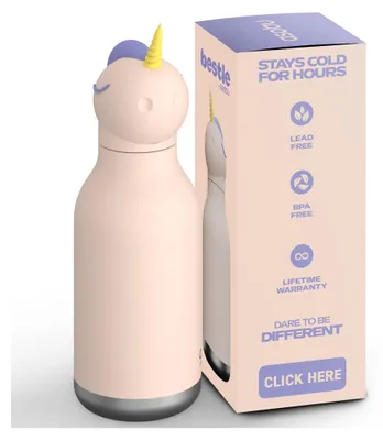 A unicorn-shaped water bottle and its packaging.