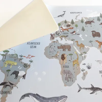 Zdjęcie produktu dla Podkładka na biurko, mapa świata ze zwierzętami, 60 x 40 cm, niebieska, dla dzieci