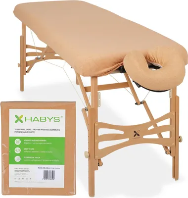 Obrázek produktu pro Sada Habys | Jednodílné froté napínací prostěradlo pro skládací masážní lehátka Masážní stoly 60-65/180-185 | + Froté potah na opěrku hlavy | Béžová