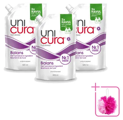 Immagine prodotto di 3 flaconi di sapone liquido antibatterico per le mani Unicura Balans, da 500 ml ciascuno - confezione risparmio - 3 pezzi
