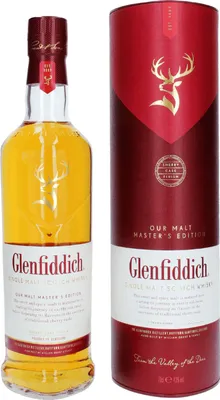 A bottle of Glenfiddich Malt Master's Edition whisky and its cylindrical packaging.