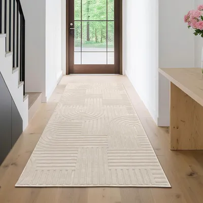 Obrázok produktu pre Bežový koberec, 80 x 200 cm, s protišmykovou spodnou stranou, umývateľný polyesterový koberec vhodný do chodby alebo predsiene