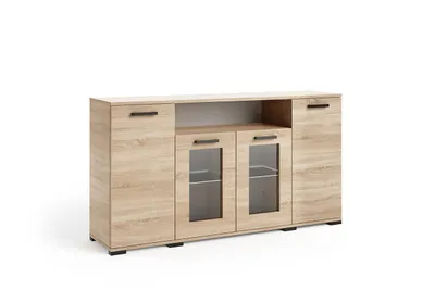 Produktbild von Kommode FINO III mit 4 Türen und Regal, Vitrinen Sideboard mit Stauraum und 2 Glastüren, Wohnzimmerschrank für Wohnzimmer und Esszimmer, Eiche Sonoma