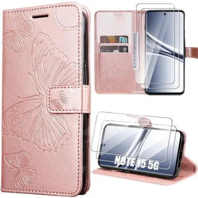 Image de Coque + 2 Verres Trempés pour Xiaomi Redmi Note 15 5G/4G, Anti-Rayures CuirPolyuréthaneRose Motif Papillon