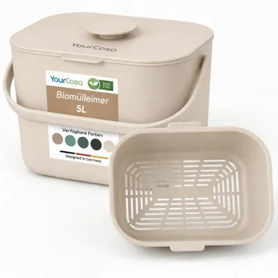 Produktbild von YourCasa Biomülleimer Küche 5L - Komposteimer für alltäglichen Biomüll Spülmaschinenfest mit Sieb & ergonomischen Griff Creme