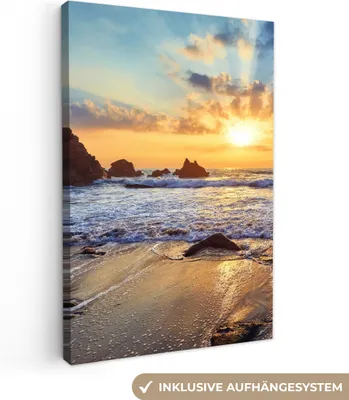 Produktbild von MuchoWow® - Leinwandbilder - Strand - Sonnenuntergang - Natur - Meer - Landschaft, Wandbild, Wanddeko Bilder Wohnzimmer, 80x120 cm