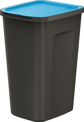 A tall, rectangular trash can with a blue lid.