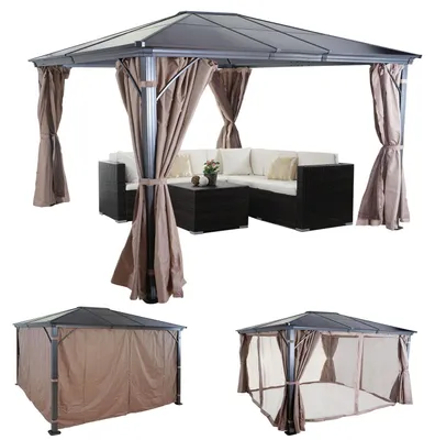 Produktbild von Hardtop Pergola HWC-C74, Garten Pavillon, Kunststoff-Dach Seitenwand + Moskitonetz Alu  3x3,6m
