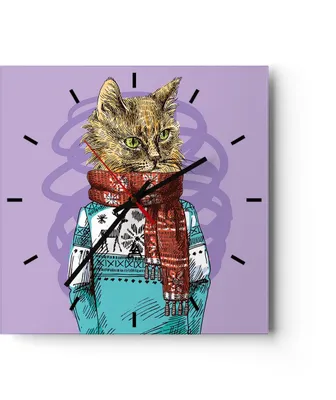 Produktbild von Wanduhr - Quadrat - Glasuhr - Katze Schal Illustration hipster - 40x40cm - Schleichendes Uhrwerk - Lautlos - zum Aufhängen bereit - Dekoration Modern - Wanddekoration aus Glas - C3AC40x40-3201