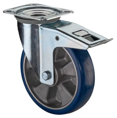 Zdjęcie produktu dla Kółko skrętne D.200mm Trgf.300kg w.fixedpoliuretan 138x109mm niebieski BS ROLLEN
