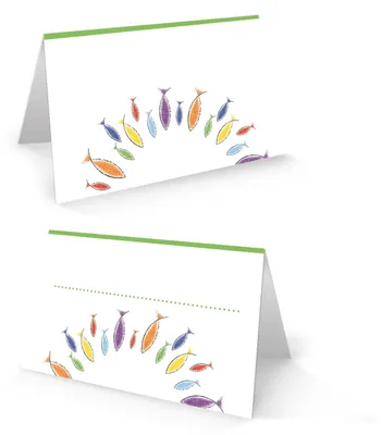 Produktbild von bunte Tischkarten mit bunten Fischen für Kinder (VE = 25 St)
