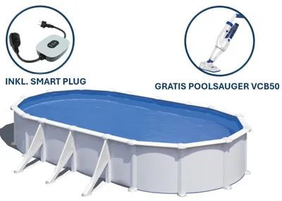Produktbild von GRE Ovaler Stahlwandpool in Weiß KITPROV738 – 730 x 375 x 132 cm, Komplettset + GRATIS Elektrischer Poolreiniger VCB50