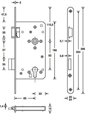 Technical drawing with dimensions of a door lock mechanism and its components.