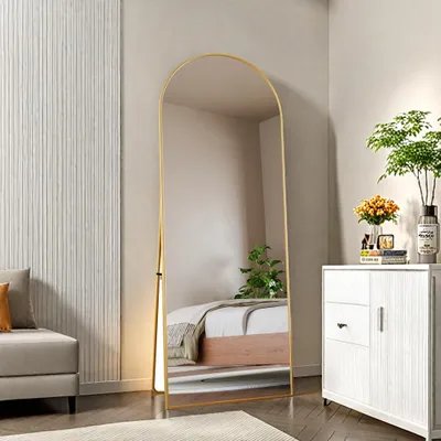 Produktbild von Gewölbter Kosmetikspiegel aus gehärtetem Glas, goldfarbener Aluminiumrahmen, 1620 x 530 mm, elegantes, modernes Design für Schlafzimmer, Ankleidezimmer oder Badezimmer
