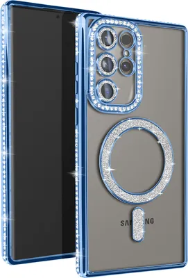 A close-up of a blue phone case with diamond accents and a MagSafe ring, attached to a phone.