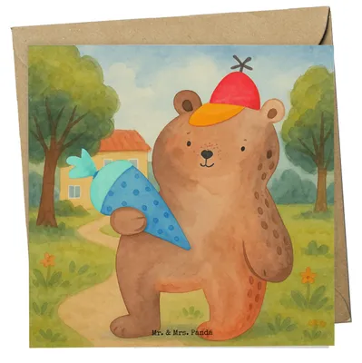 Produktbild von Mr. & Mrs. Panda Grußkarte Bär Schultüte Design - Weiß - Geschenk, doppelkarte, Schulanfang, faltkarte, Schulbeginn, Erster Schultag, Klappkarte, Einschulung, Teddy