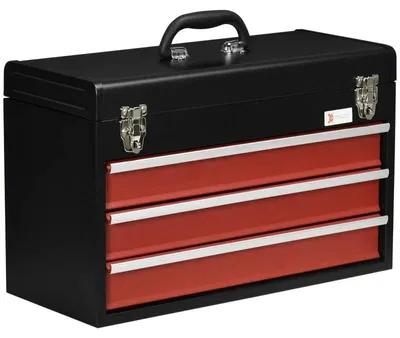 Zdjęcie produktu dla Skrzynia narzędziowa z 3 szufladami i przegródką na akcesoria | Kolor: czarny/czerwony | Wymiary: 22x51x32 cm