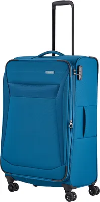 A teal suitcase with a retractable handle and wheels.