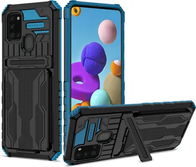 Produktbild von Galaxy A21S Hülle, Hybrid Robust Schutz Stoßfest Schutzhülle mit Kartenhalter Ständer für Samsung Galaxy A21S Blau