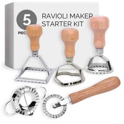 Produktbild von Omgoods – 5-teiliges Ravioli-Ausstecher-Set aus Edelstahl mit Holzgriffen
