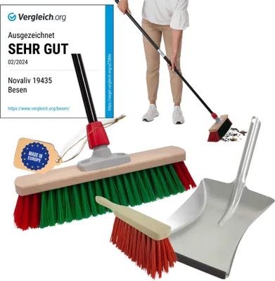 Produktbild von Novaliv Gartenbesen mit Stiel 40 cm Elaston Borsten inkl. Kehrgarnitur verzinkt bestehend aus Kehrblech und Handfeger Ideal als Straßenbesen Terassenbesen Hofbesen Stallbesen Kehrbesen Outdoor broom