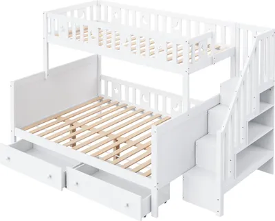 Immagine prodotto di Letto per bambini 90*200/140*200cm, letto a castello in legno massiccio con gradini di sicurezza, due ampi cassetti e rete a doghe, bianco