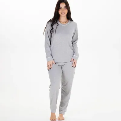 Produktbild von Klassischer Damenpyjama mit Bündchen – (Grau) – L