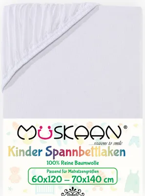 Produktbild von Müskaan Jersey Kinder Spannbettlaken 60x120 - 70x140 cm weiß bis 12cm Matratzenhöhe Gummizug Bettlaken 100% Baumwolle