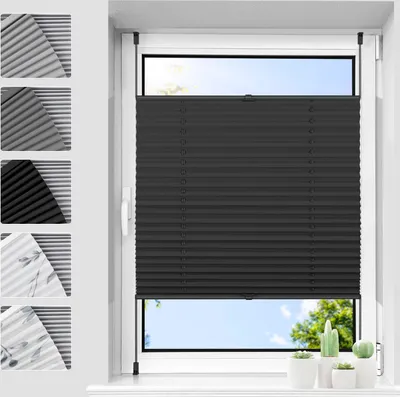 Produktbild von Grandekor Plissee ohne Bohren verdunkelung Klemmfix, Schiene und Klemmhalterungen in Stofffarbe, 85x80 Schwarz, Verdunklungsplissee 100% lichtundurchlässig, Blickdicht Sichtschutz Sonnenschutz